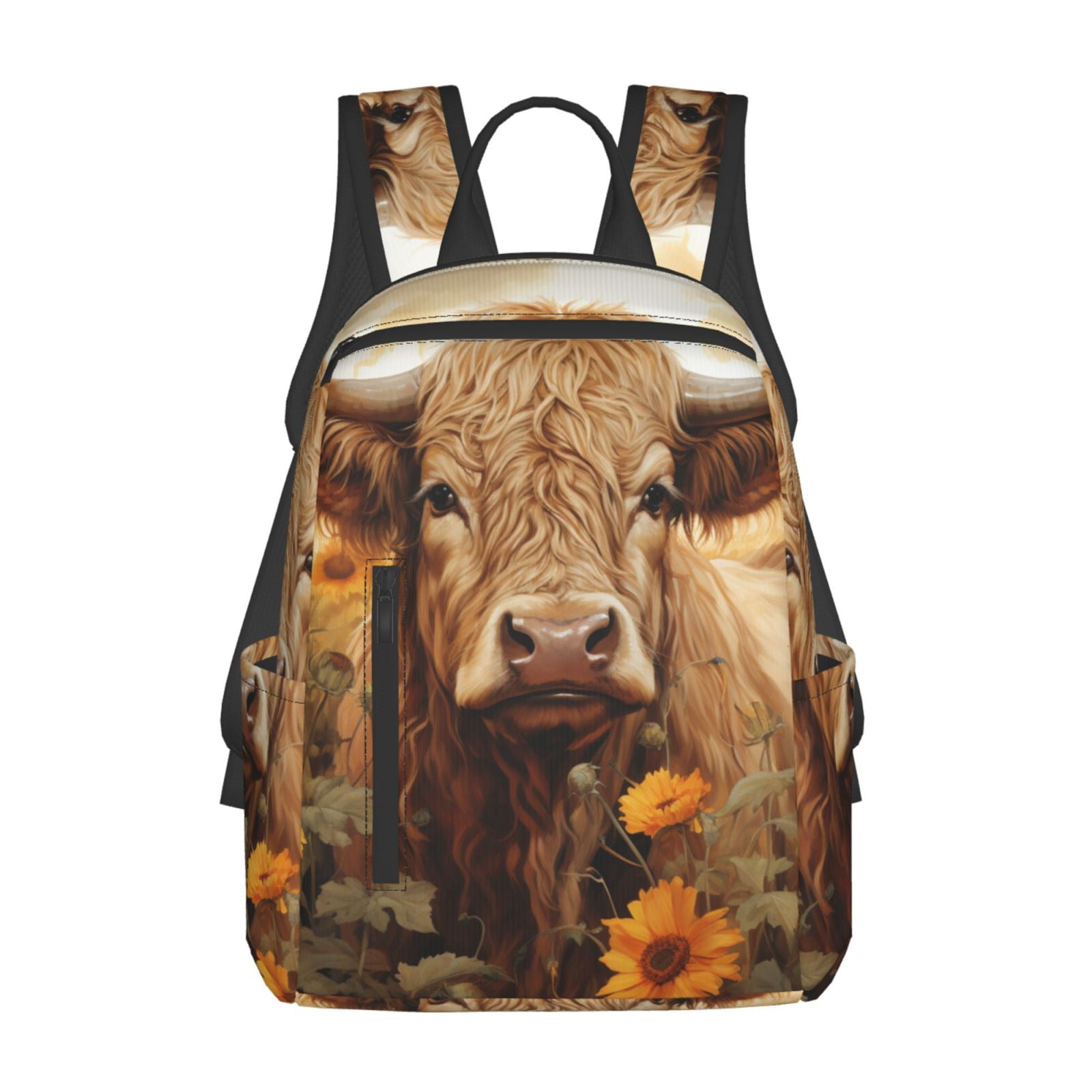 Xecao Vintage Sunflower Cow print Backpack For women men Aesthetic Lightweight Travel Daypack Simple Cute Backpack For Bookbag