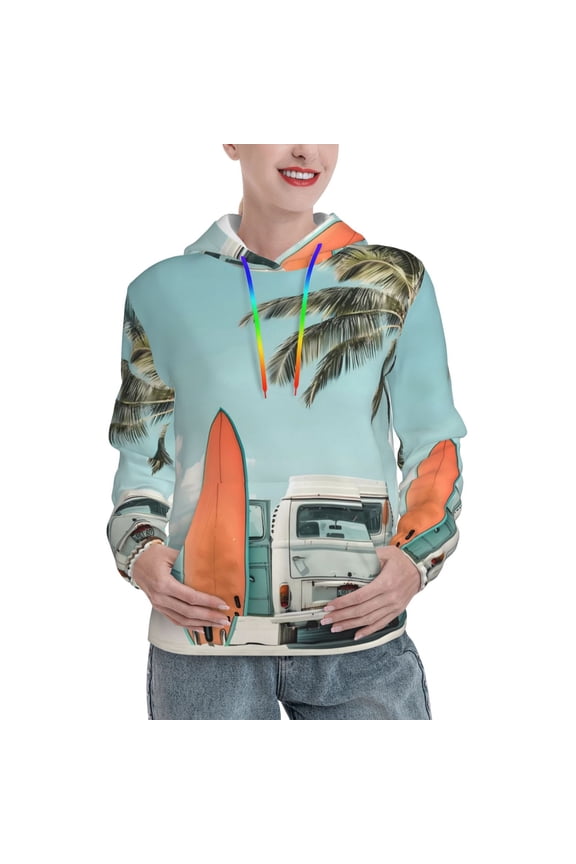 Vintage Surf Van Beach Pattern Hoodies for Women Sweatshirts Long Sleeve Sweatshirts Pullover Outfits with Pocket-X-Large