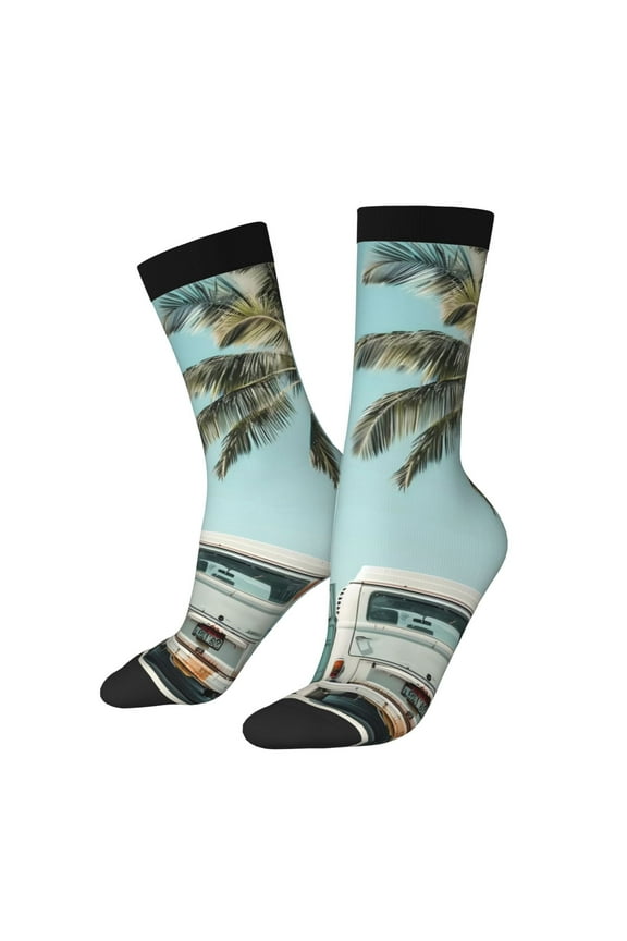 Vintage Surf Van Beach Pattern Sport Socks for Women and Men Crew Socks Sporty Calf Socks Casual Socks