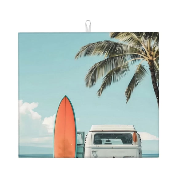 Xecao Vintage Surf Van Beach Print Dish Drying Mat for Kitchen Counter,Absorbent Coffee Bar Mat, Dish Drainer Rack Mats,Dining Room Decoration