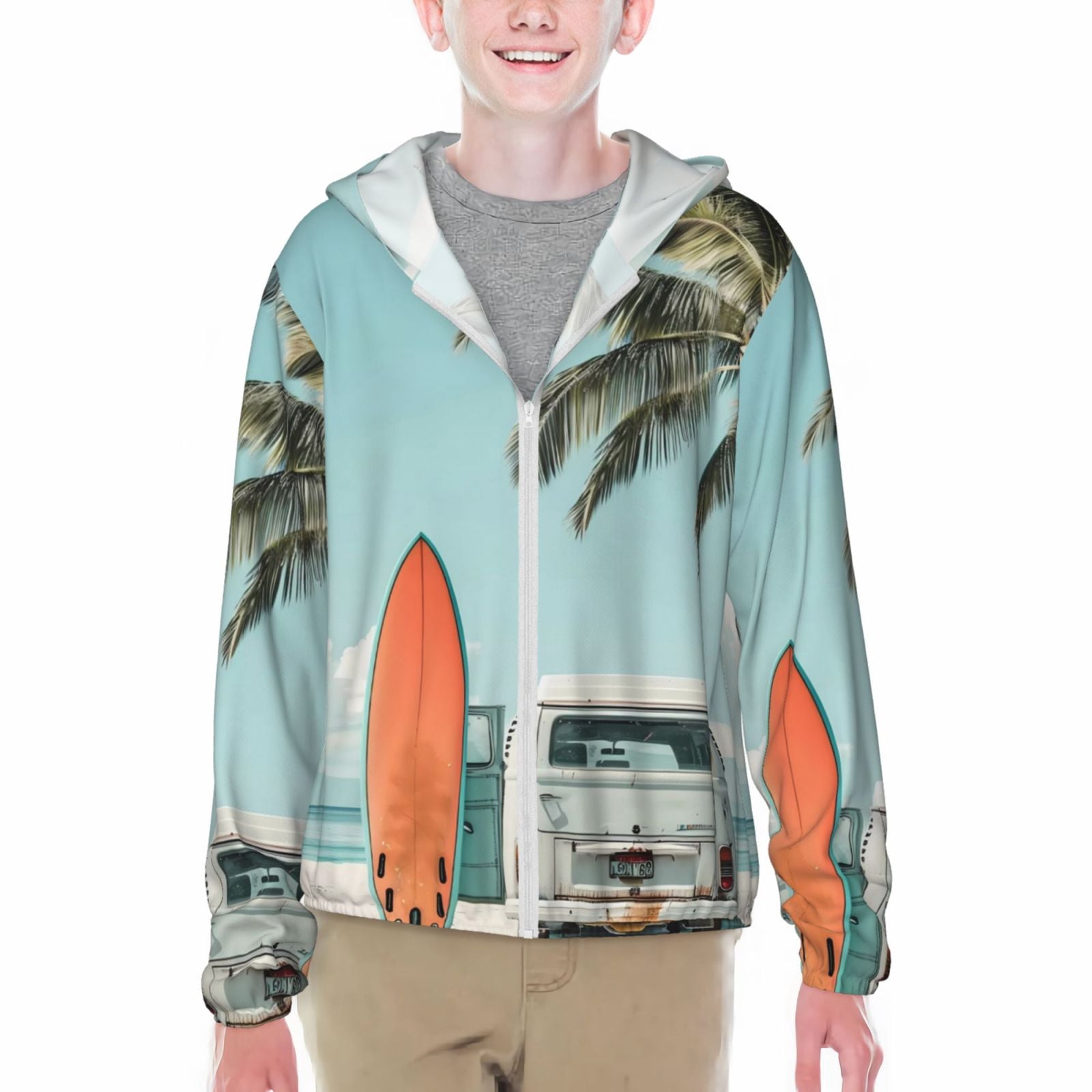 Xecao Vintage Surf Van Beach Print Fishing Shirts for teenager Long Sleeve UV Sun Protection Hoodie with Zipper Outdoor Hiking Shirts-Medium