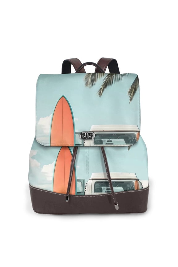Vintage Surf Van Beach Print Large Backpack Soft Leather for Women Travel with Compartment, Adjustable Convertible Strap