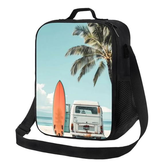 Xecao Vintage Surf Van Beach Print Lunch Bag - Durable, Double-Insulated Lunch Bag, Holds Lunch Box, Water Bottle, & Snacks,Leakproof Cooler Tote Bag