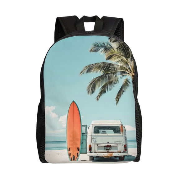 Xecao Vintage Surf Van Beach Print School Backpack with Laptop Compartment Small Travel Laptop Backpack for Women Men Waterproof College Backpack Simple School Bag