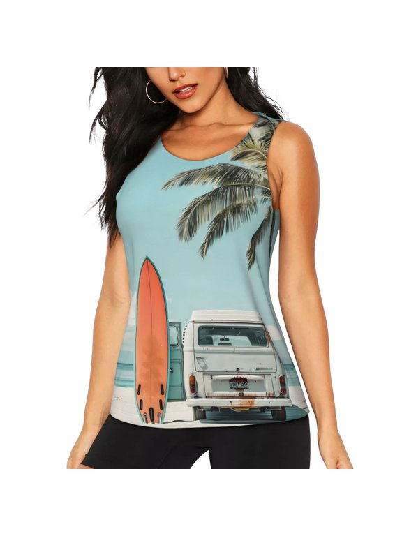 Vintage Surf Van Beach Print Women's Scoop Neck, Loose-Fit Workout Tank Tops for The Gym,Sleeveless T-shirt-Small