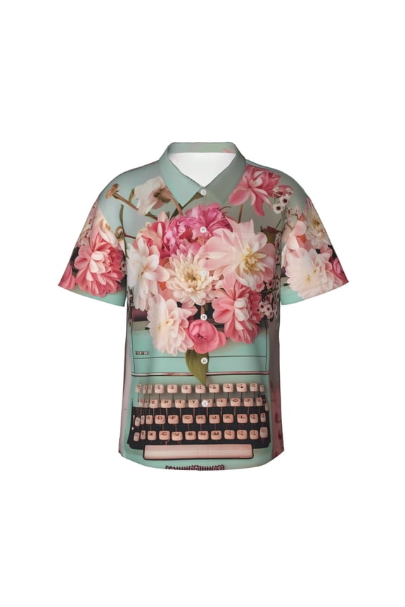 Vintage Typewriter Floral Print Hawaiian shirt - A Stylish Short-Sleeve Button-Down for Men, Perfect for Casual Beach and Tropical Outings.,Medium