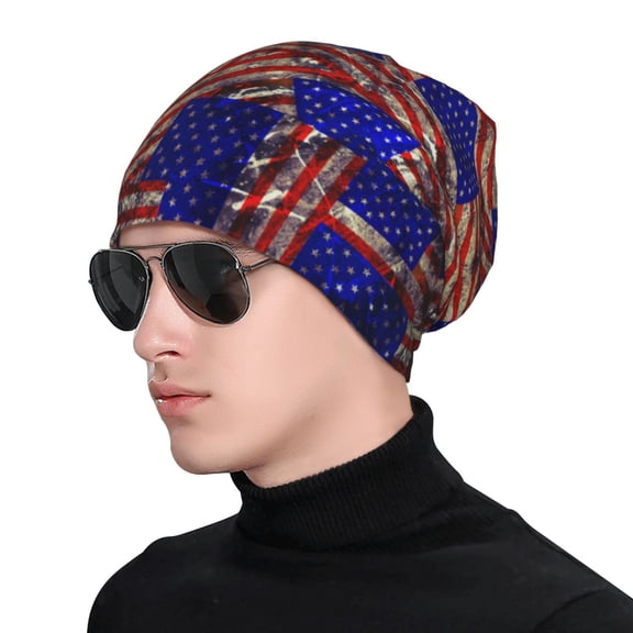 Xecao Vintage USA Flag Print Beanie Knitted Hat for Men Women, Winter Fashion Knit Cuffed Caps Unisex