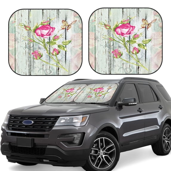 Xecao Vintage Wood Background with Floral for Foldable Car Sun Shades (2-Pack) offer sun protection with an easy-fold design for convenient windshield shading.