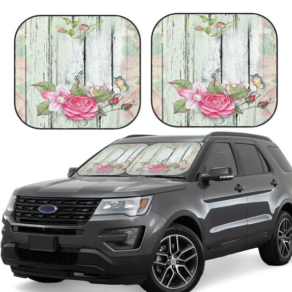 Xecao Vintage Wood with Floral for Foldable Car Sun Shades (2-Pack) offer sun protection with an easy-fold design for convenient windshield shading.
