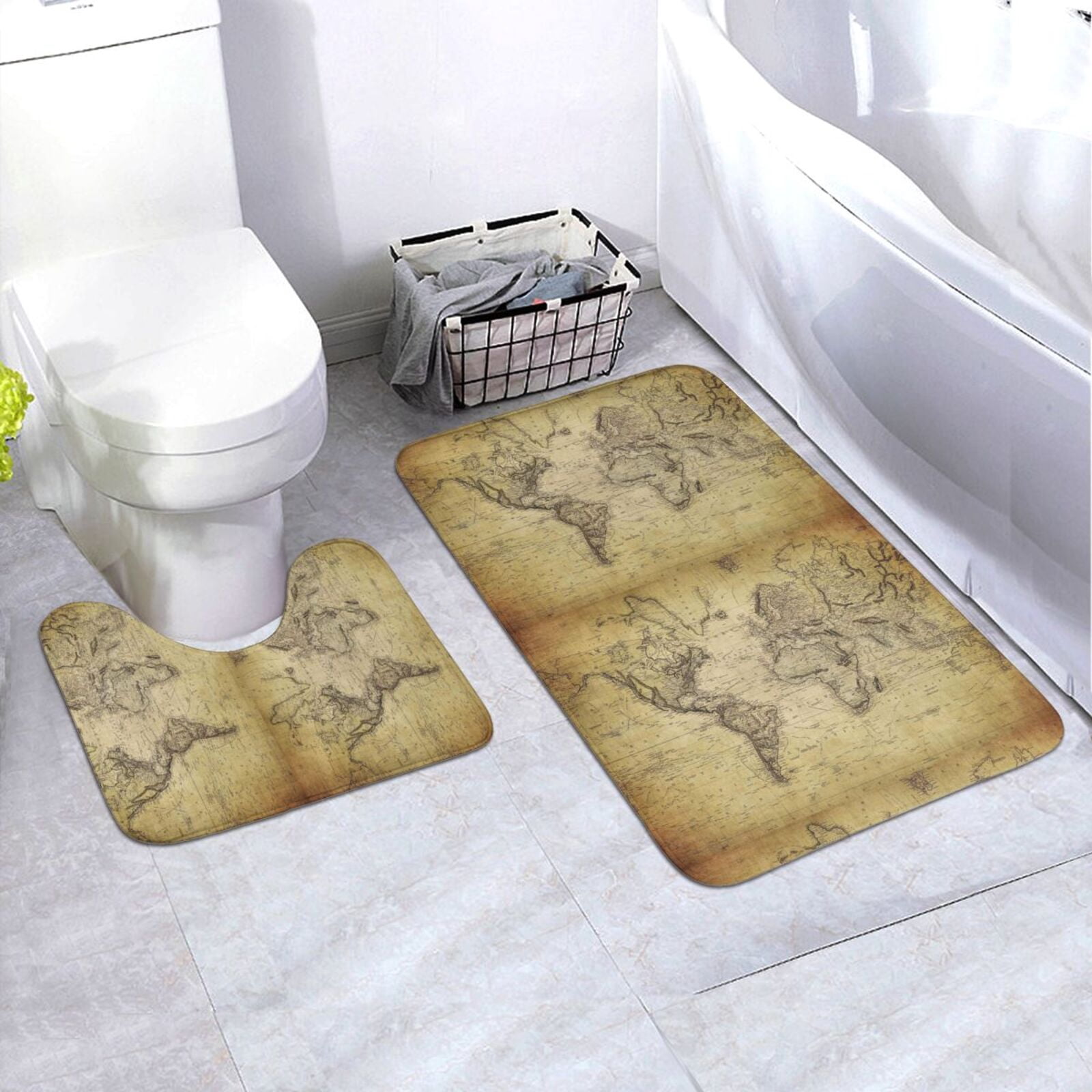 Xecao Vintage World Map 2-Piece Vintage Seamless Anti-Skid Mat Set ...