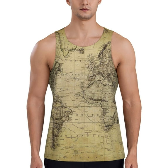 Xecao Vintage World Map Men's Tank Top Workout Quick Dry Sleeveless Gym Jogging Muscle Shirts Summer Swim Beach Tops