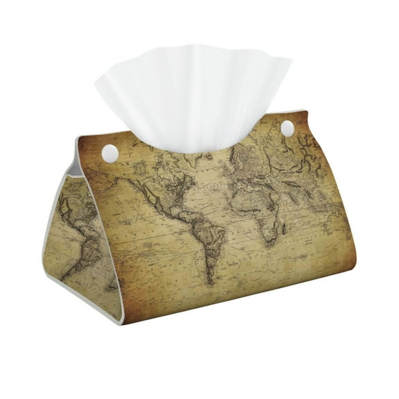 Xecao Vintage World Map Print Tissue Box Cover,Modern PVC Leather Square Tissue Box Holder for Creative Decorative