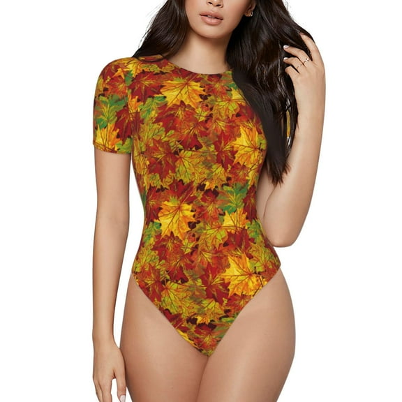 Xecao Vintage maple leaf autumn Pattern Women's Crew Neck Body Suit, Short-Sleeved Bodysuit and Basic Swimsuit,Both Comfort and Style for Dating and Daily life -XX-Large