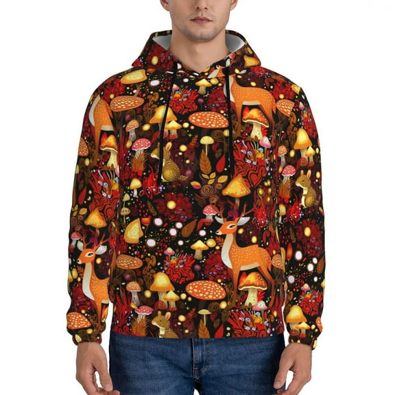 Xecao Warm Forest Plants and Deer Pattern Men's Adult Pullover Hoodie,Hooded Sweatshirt-Small