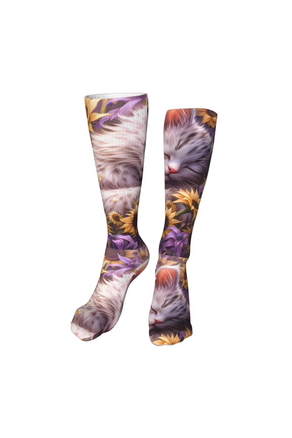 Warm Sunflower Sleeping Cat Print Calf Socks Seamless Toe, Knee High Long Socks, Sports Socks Trouser Socks for Women and Men-One Size