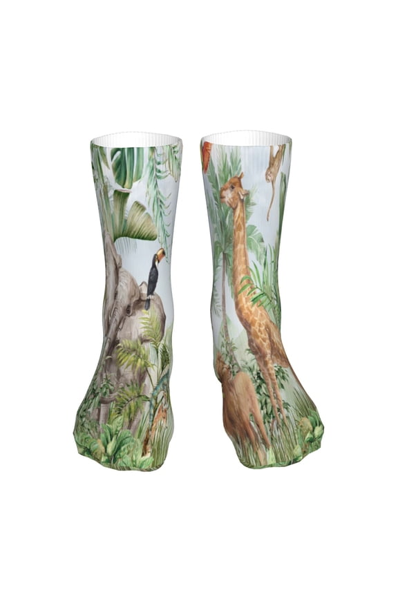 Watercolor African Animals Wildlife Print Fashion No Heel Casual Crew Socks Cushioned Breathable for Men Women - Moisture wicking,Not easy to fade Suitable for daily