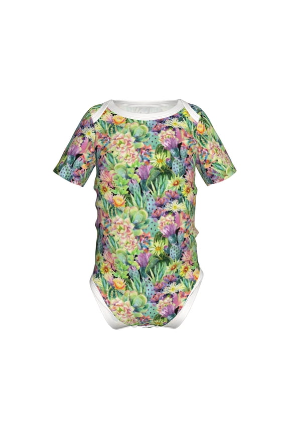 Watercolor Blooming Cactus Pattern Baby Climbing Bodysuit Short Sleeve Onesie Unisex 0-12 Months Baby Shirt Newborn Outfits Crotch snap design-9M
