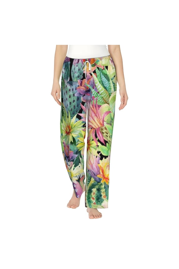 Watercolor Blooming Cactus Women's Straight Lounge Pajama Pants: The Epitome of Relaxed Sleepwear