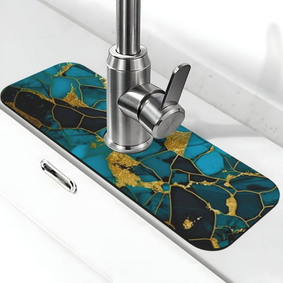 Xecao Watercolor Blue Marbled for Kitchen Sink Splash Guard Faucet Mat , Faucet Guard & Draining mat, (15" X 5.5" )