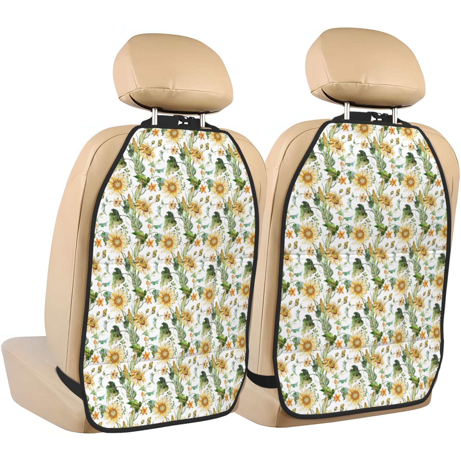 Xecao Watercolor Bright Sunflowers Pattern Car Seat Back Protector 2 Pack Large Capacity Pocket, Kick Mats Back Seat Protector