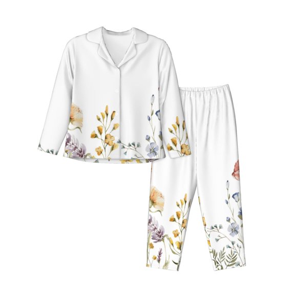 Xecao Watercolor Floral Print Women Pajamas Set Soft Sleepwear Pjs long Sleeve Button Down Nightwear with Long Pants