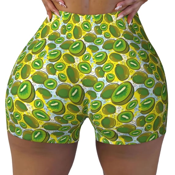 Xecao Watercolor Kiwi Fruits Summer Print Workout Shorts for Women Soft Smooth Gym Yoga Scrunch Active Tennis Workout Running Shorts