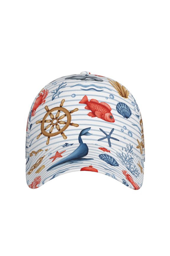 Watercolor Nautical for Baseball Cap: Unisex, crafted from classic polyester twill fabric, featuring a soft unconstructed design