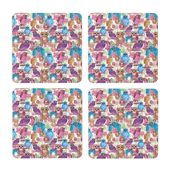Xecao Watercolor Owl for MDF Cork Coaster 4 Pcs,Drink Coasters,Suit for House Warming Gifts New Home ,Coffee Table Decor-Square