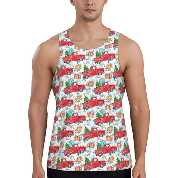 Xecao Watercolor Red Truck And Fir Tree Men's Tank Top Workout Quick Dry Sleeveless Gym Jogging Muscle Shirts Summer Swim Beach Tops