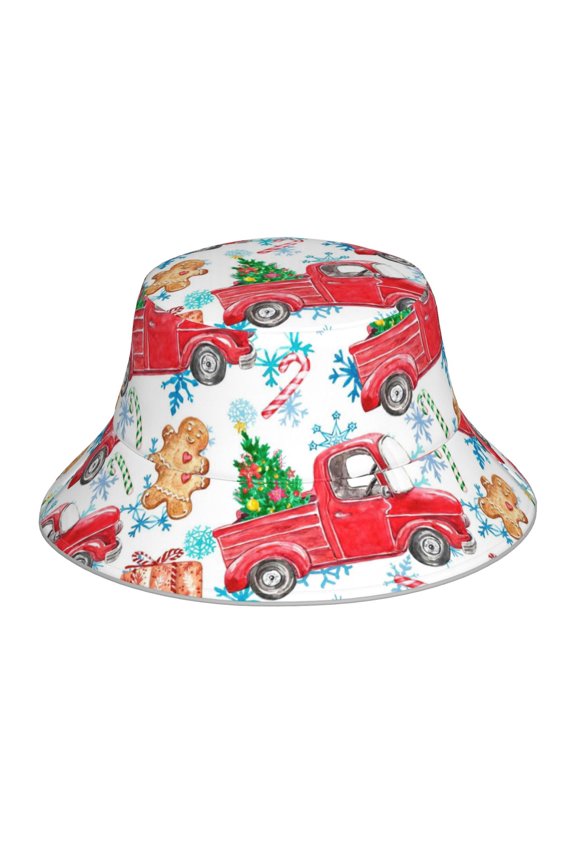 Watercolor Red Truck And Fir Tree Print Men and Women Night Reflective Hat Runner Cap Visor Bucket Hat Boonie Cap