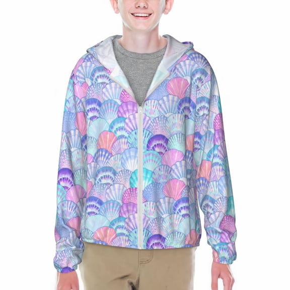 Xecao Watercolor Sea Shells 1 Print Fishing Shirts for teenager Long Sleeve UV Sun Protection Hoodie with Zipper Outdoor Hiking Shirts-XX-Large