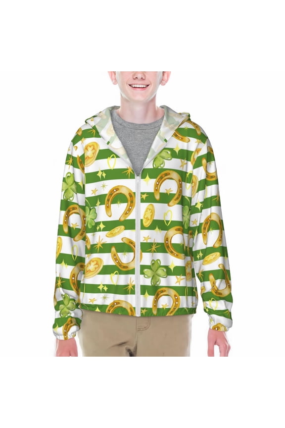 Watercolor St Patrick Day Print Fishing Shirts for teenager Long Sleeve UV Sun Protection Hoodie with Zipper Outdoor Hiking Shirts-XX-Large