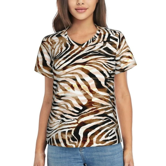 Xecao Watercolor Zebra for Women's V-Neck T-Shirts-Elegant Half-Sleeve Tops Perfect for Summer-Small