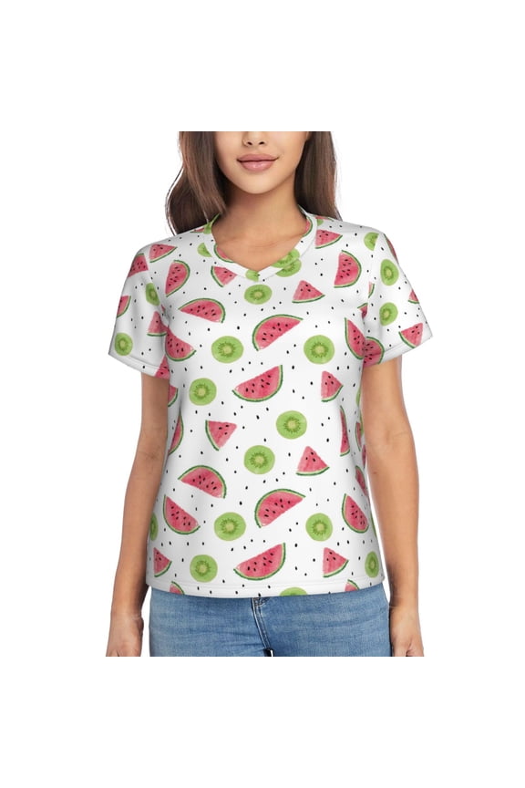 Watermelon And Kiwi for Women's V-Neck T-Shirts-Elegant Half-Sleeve Tops Perfect for Summer-Large