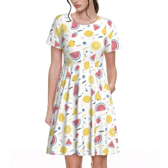 Xecao Watermelon And Lemon for Women Summer Short Sleeve Midi Dress with Pockets Casual Aline Flowy Tshirt Dress Vocation Beach Sundress