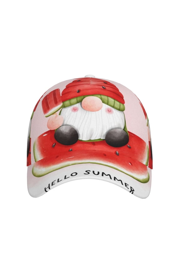 Watermelon Gnome for Baseball Cap: Unisex, crafted from classic polyester twill fabric, featuring a soft unconstructed design