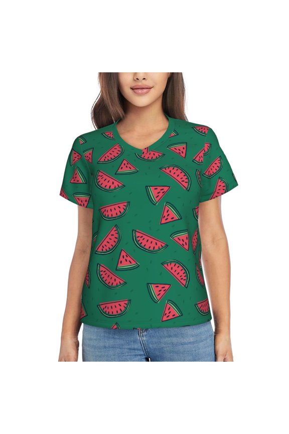 Watermelon for Women's V-Neck T-Shirts-Elegant Half-Sleeve Tops Perfect for Summer-Medium