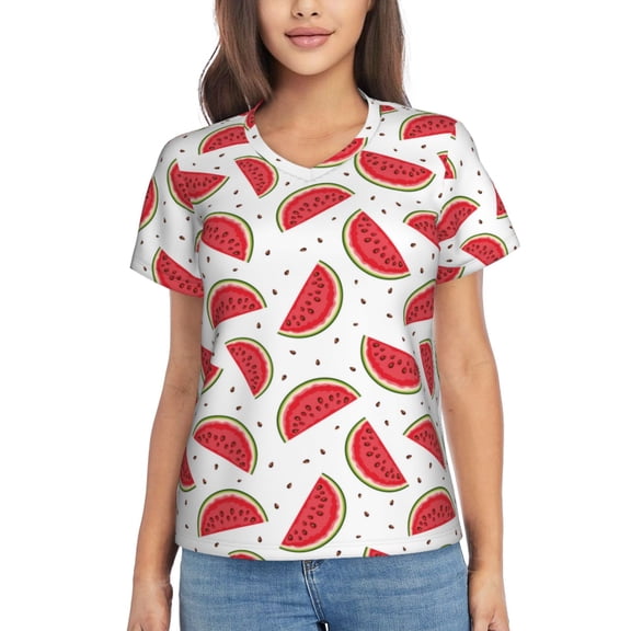 Xecao Watermelon for Women's V-Neck T-Shirts-Elegant Half-Sleeve Tops Perfect for Summer-Small