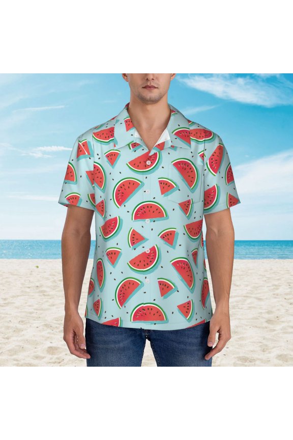 Watermelon print Hawaiian shirt - a stylish short-sleeve button-down for men, perfect for casual beach and tropical outings.
