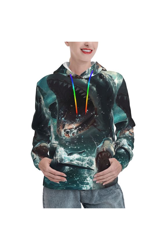 Wave Ocean Animal Shark Pattern Hoodies for Women Sweatshirts Long Sleeve Sweatshirts Pullover Outfits with Pocket-Medium
