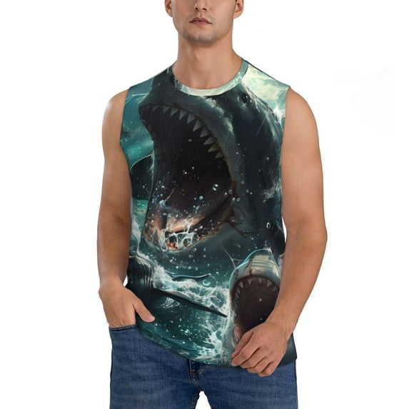 Xecao Wave Ocean Animal Shark Print Men's Tank Top: Sleek Sleeveless Tee for Casual Sports and Beach Occasions-Medium