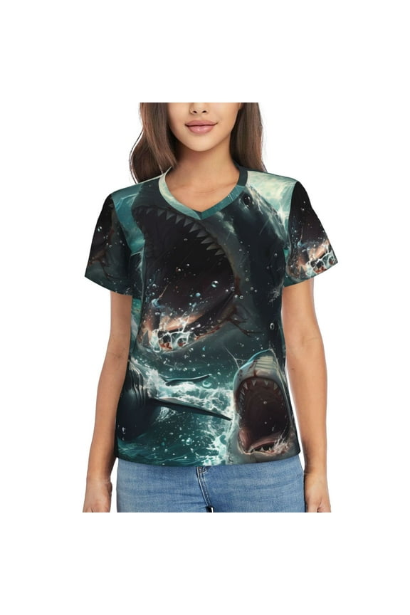 Wave Ocean Animal Shark for Women's V-Neck T-Shirts-Elegant Half-Sleeve Tops Perfect for Summer-Small