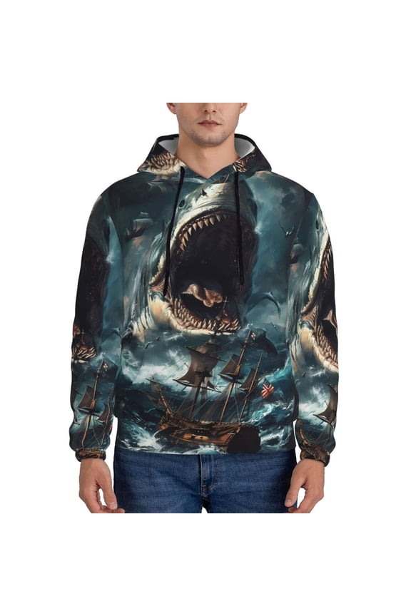 Wave Sailboat Shark Pattern Men's Adult Pullover Hoodie,Hooded Sweatshirt-4X-Large