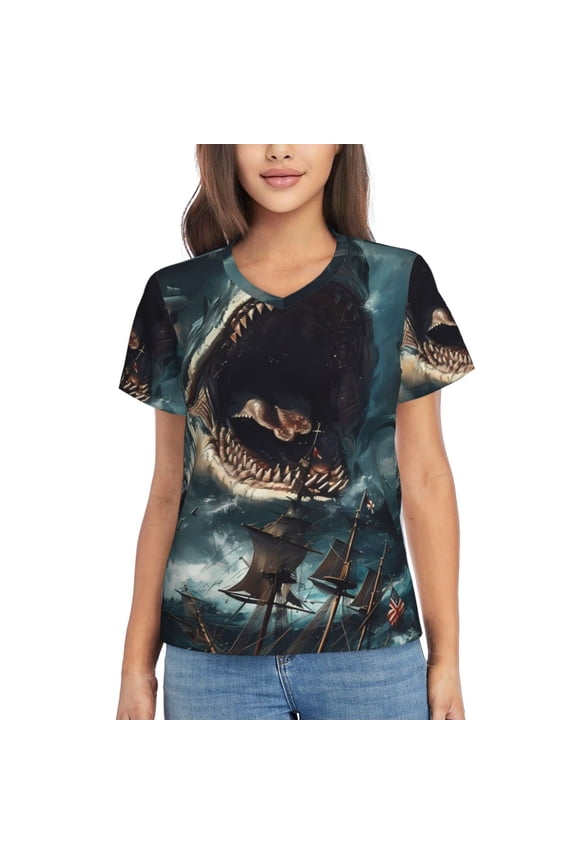 Wave Sailboat Shark for Women's V-Neck T-Shirts-Elegant Half-Sleeve Tops Perfect for Summer-X-Large