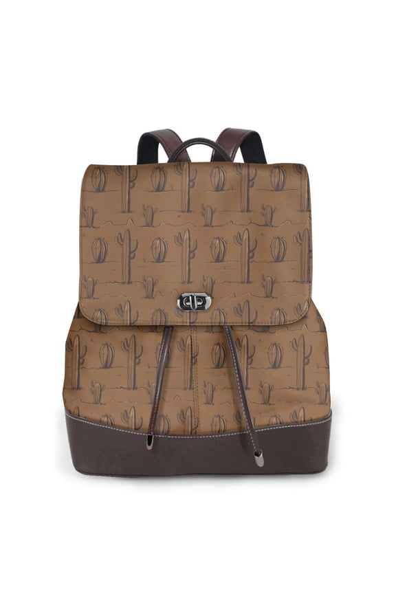 Western Cactus Print Large Backpack Soft Leather for Women Travel with Compartment, Adjustable Convertible Strap