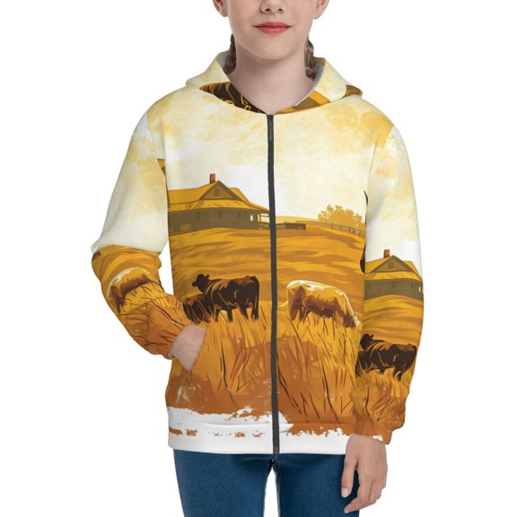 Xecao Western Cowboy Ranch Pattern Zip Up Hoodies for Boys Girls, Sweatshirt with Pockets-Medium