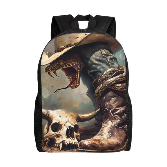 Xecao Western Cowboy Snake Ram Skull Print School Backpack with Laptop Compartment Small Travel Laptop Backpack for Women Men Waterproof College Backpack Simple School Bag