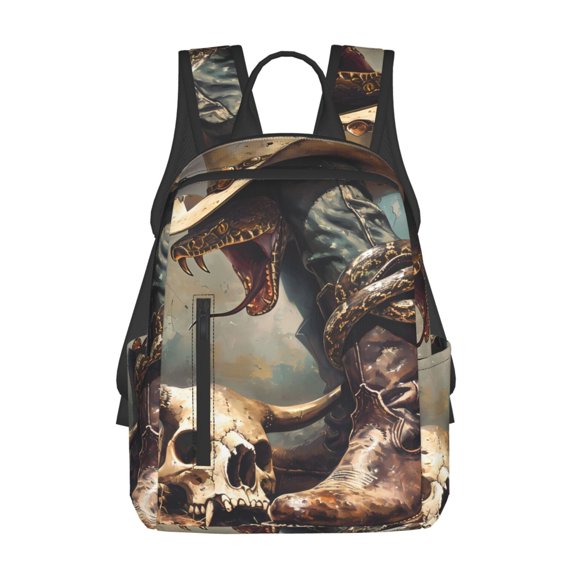 Xecao Western Cowboy Snake Ram Skull print Backpack For women men Aesthetic Lightweight Travel Daypack Simple Cute Backpack For Bookbag