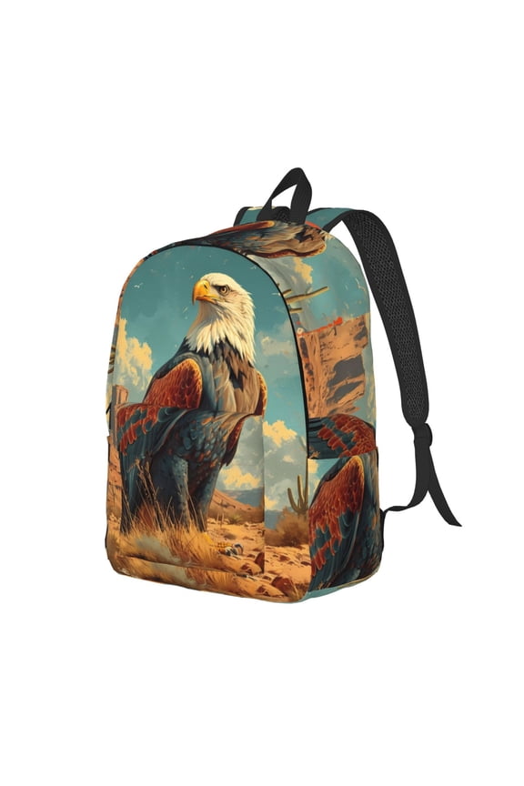 Western Desert Cactus Bald Eagle Canvas College Laptop Backpack, a durable rucksack designed for both men and women, ideal for travel, school, and daily use-Small