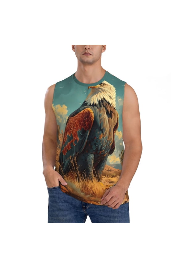 Western Desert Cactus Bald Eagle Print Men's Tank Top: Sleek Sleeveless Tee for Casual Sports and Beach Occasions-XX-Large
